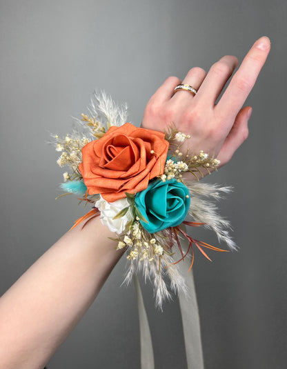 Orange Teal Wrist Corsage, Wedding Terracotta Turquoise Boho Bridesmaids Corsage, Teal Aqua Blue Burnt Orange Reddit