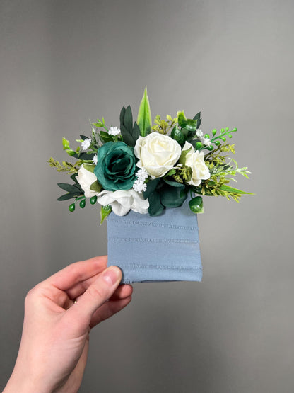 Green White Pocket Boutonnière, Wedding Groom Rustic Square Boutonnière, Emerald Green Forest Groomsmen Boutonnière