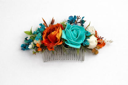Teal Orange Flower Comb Wedding Teal Burnt Orange Head Piece Hair Comb Turquoise Terracotta Wedding Teal Blue Hair Accessories Hair Comb