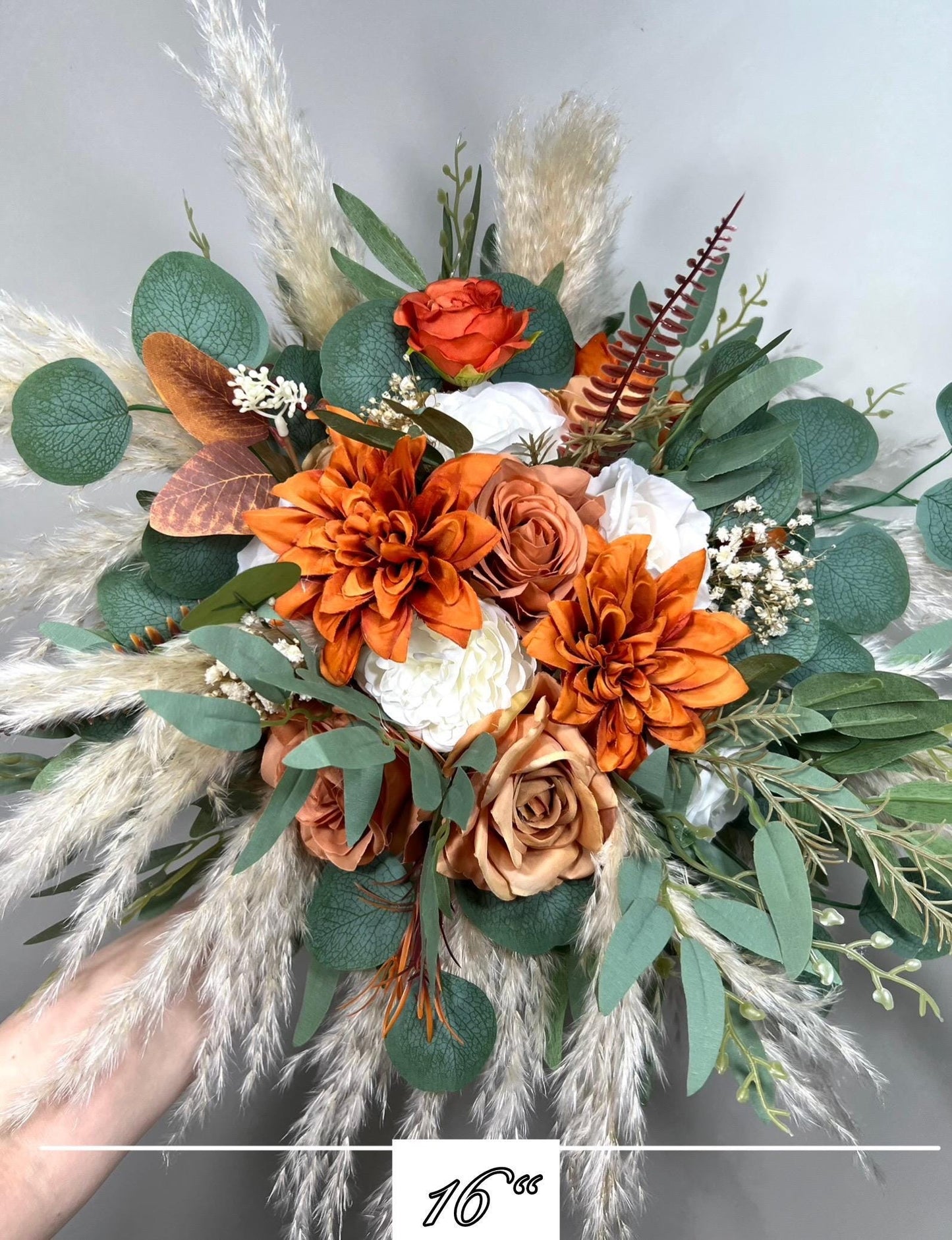 Orange Bridal Bouquet, Terracotta White Boho Bouquet, Bridesmaids Burnt Orange Pampas Grass