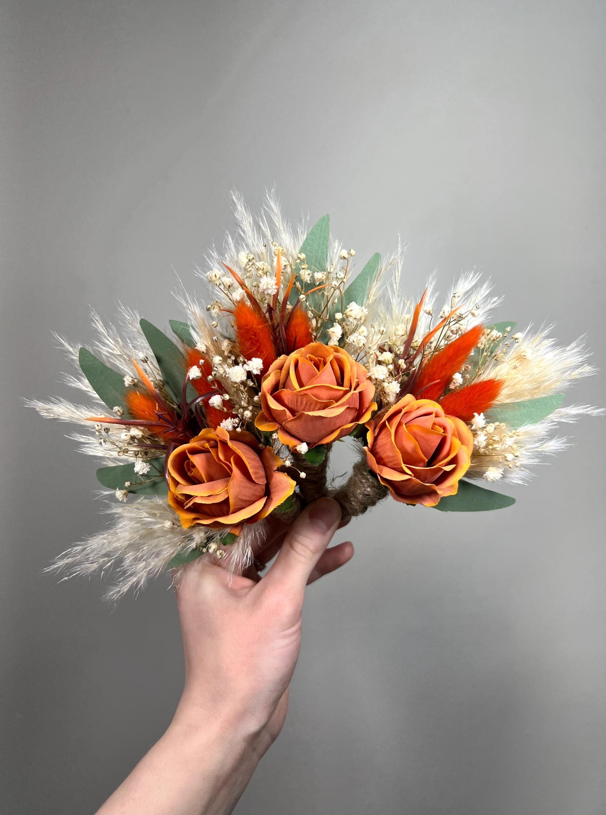 Burnt Orange Boutonniere, Boho Wedding Groom Flower, Terracotta Groomsmen Buttonhole Pampas Grass
