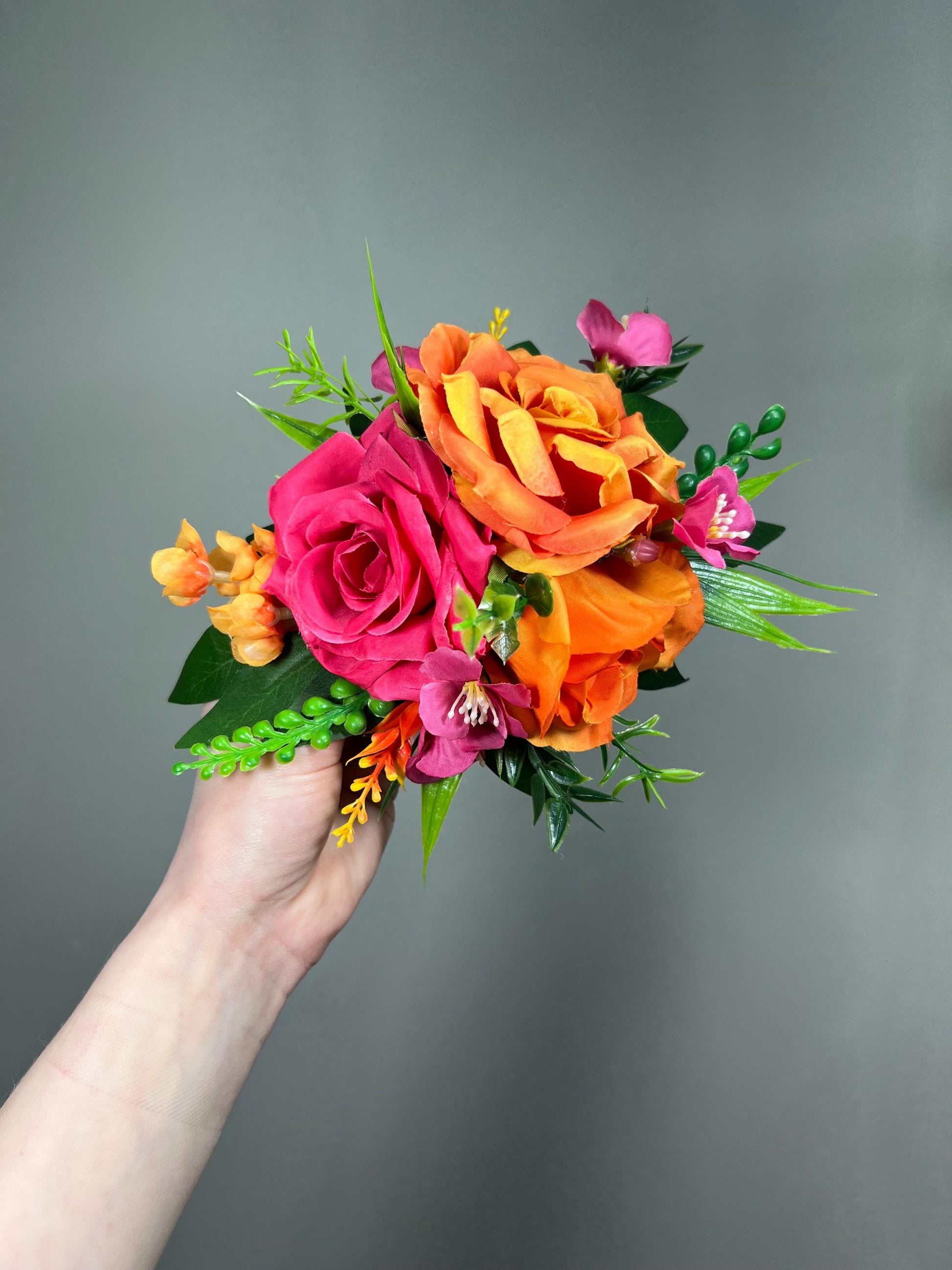 Hot Pink Orange Cake Decor, Wedding Fuchsia Bright Orange Cake Flowers, Tropical Artificial Flowers Cake Topper