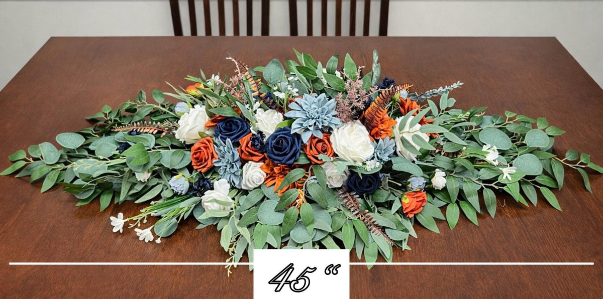 Blue Terracotta Arch Arrangement , Wedding Burnt Orange Dusty Blue Arbor Arrangements, Rustic Rust White Navy Blue Backdrop Flowers Reddit