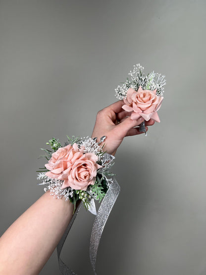 Blush Pink Corsage, Wedding Light Pink Silver Wrist Corsage, Bridesmaids Soft Pink Baby Breath Wristlet Artificial Flower