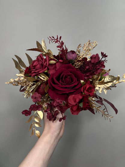 Burgundy Gold Cake Flowers, Wedding Dark Red Roses Cake Topper, Maroon Cake Arrangements Artificial Flowers
