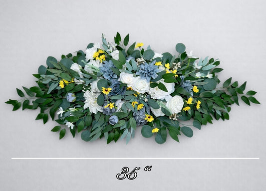 Dusty Blue White Arch Arrangement, Wedding Yellow Sunflowers Arbor Arrangement, Ceremony Decor Backdrop Flowers