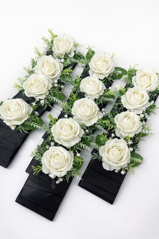 White Pocket Boutonnière, Wedding Groom Single Rose Square Boutonnière, Groomsmen Ivory Rose Eucalyptus Greenery