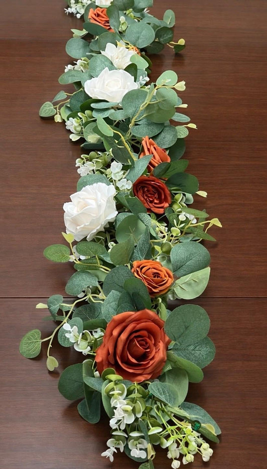 Terracotta White Garland, Wedding Burnt Orange Table Runner, Ivory Rust Table Decor, Centerpiece Garland Sage Green Eucalyptus
