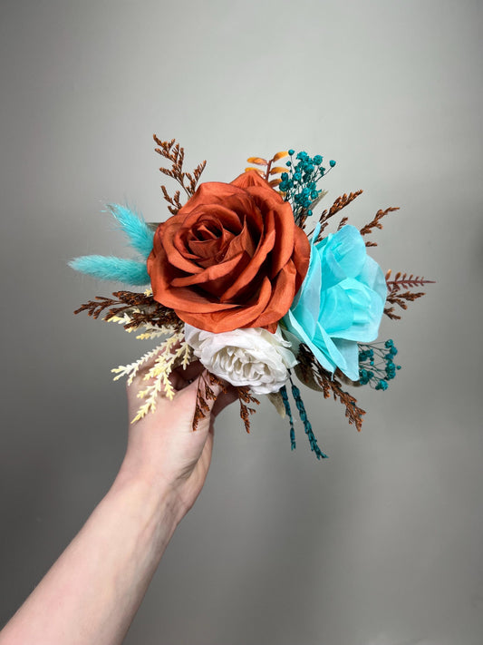 Burnt Orange Turquoise Cake Flowers, Rust Teal Blue Wedding Cake Decor, Boho Cake Topper Flowers, Fall Wedding Cake Floral Arrangement