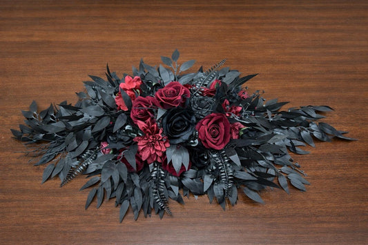 Wedding Sweetheart Table Black Centerpiece Burgundy Fireplace Mantle Black Gothic Home Decor Halloween Arch Arrangement Arbor