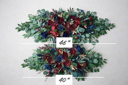 Burgundy Navy Blue Arch Arrangements, Wedding Rustic Blue Dark Red Gold Arbor Arrangement Ties, Backdrop Flowers