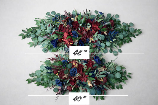 Burgundy Navy Blue Arch Arrangements, Wedding Rustic Blue Dark Red Gold Arbor Arrangement Ties, Backdrop Flowers