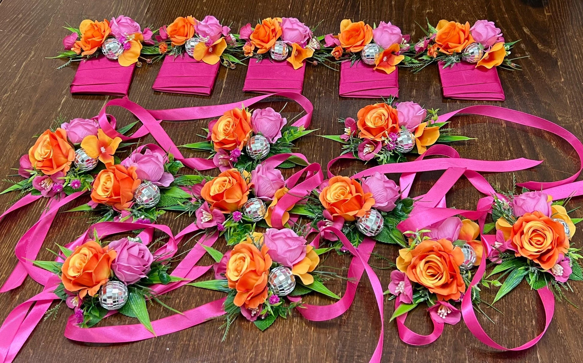 Hot Pink Orange Wrist Corsage with Disco Ball, Disco Wedding Corsage, Retro Bridesmaid Corsage, Prom Corsage, Colorful Party Wristlet
