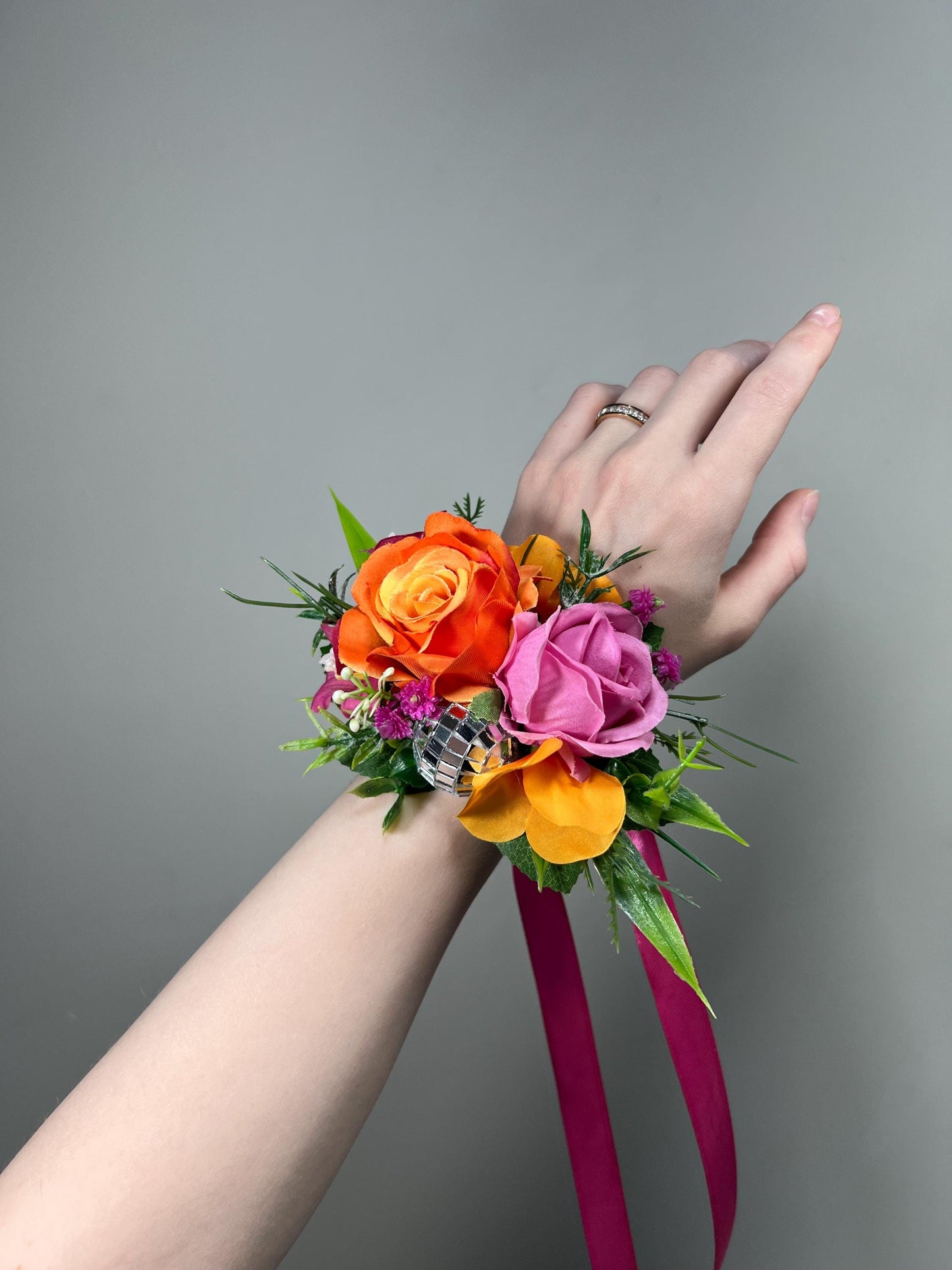 Hot Pink Orange Wrist Corsage with Disco Ball, Disco Wedding Corsage, Retro Bridesmaid Corsage, Prom Corsage, Colorful Party Wristlet Reddit