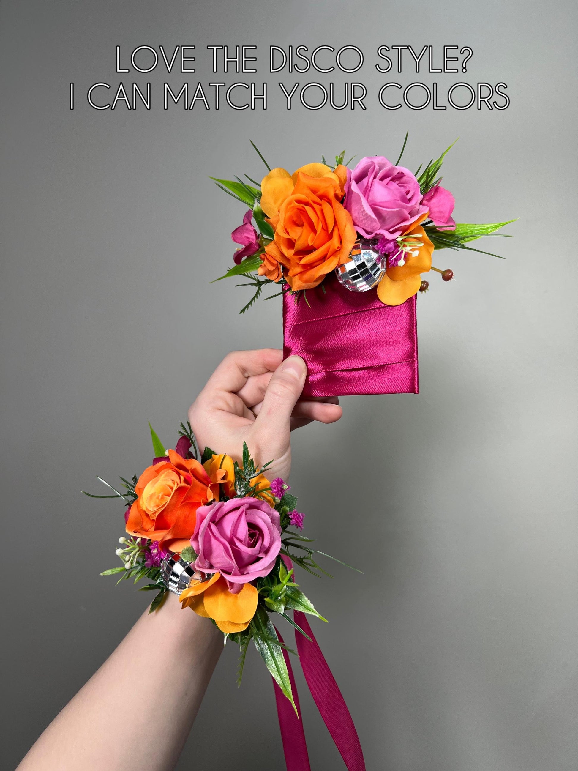 Hot Pink Orange Wrist Corsage with Disco Ball, Disco Wedding Corsage, Retro Bridesmaid Corsage, Prom Corsage, Colorful Party Wristlet