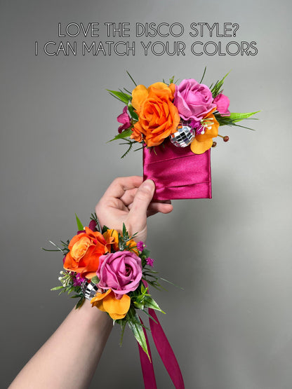 Hot Pink Orange Wrist Corsage with Disco Ball, Disco Wedding Corsage, Retro Bridesmaid Corsage, Prom Corsage, Colorful Party Wristlet