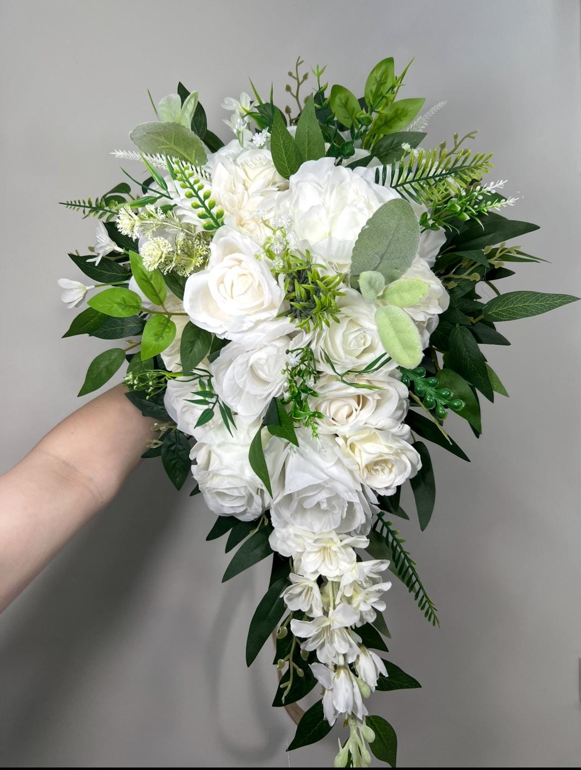 White Cascading Bouquet, Wedding Bridal Cascade Bouquet, Bridesmaids Ivory Rose Classic Flowers