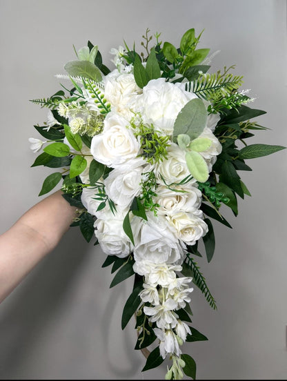 White Cascading Bouquet, Wedding Bridal Cascade Bouquet, Bridesmaids Ivory Rose Classic Flowers