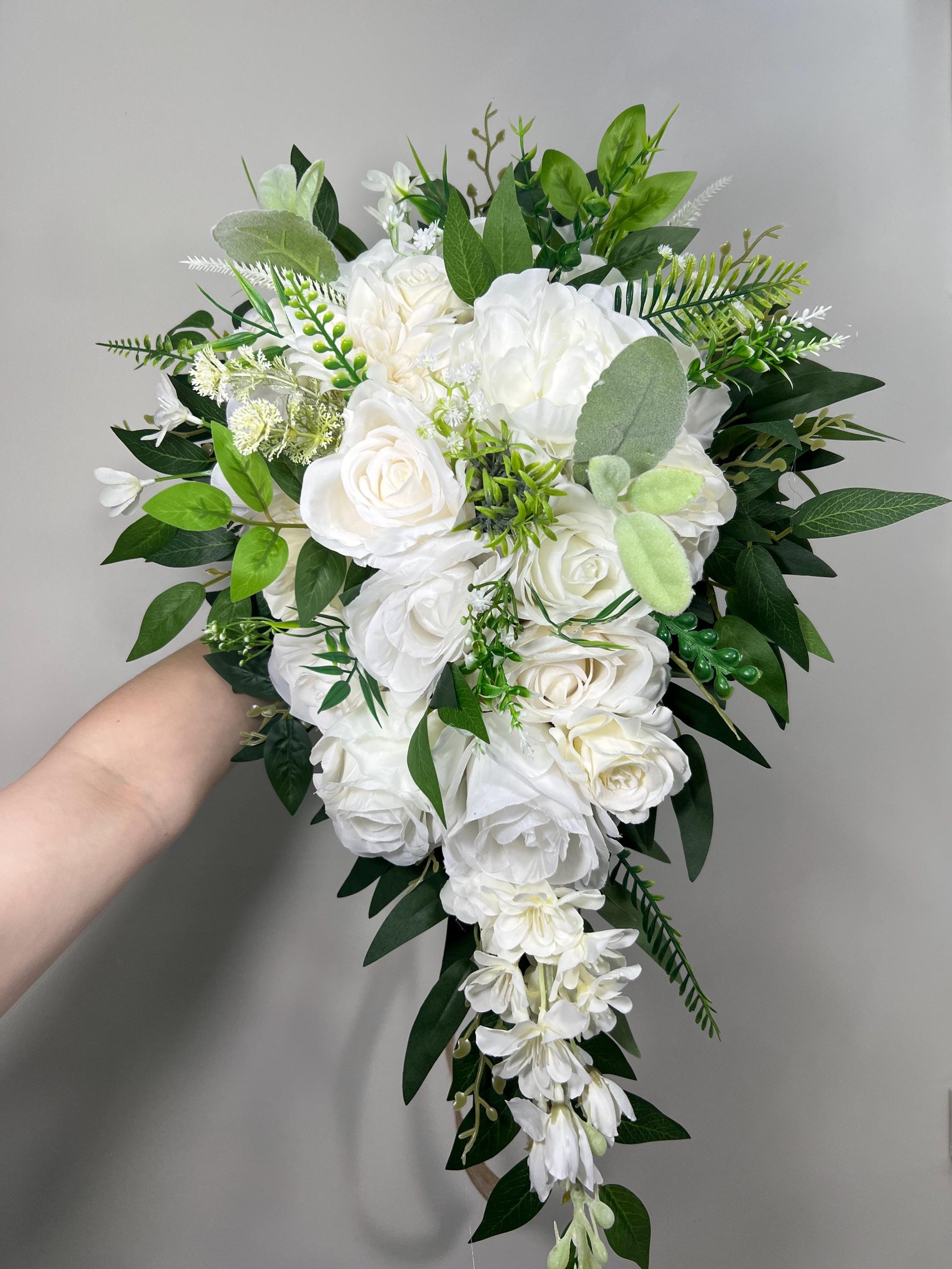 White Cascading Bouquet, Wedding Bridal Cascade Bouquet, Bridesmaids Ivory Rose Classic Flowers
