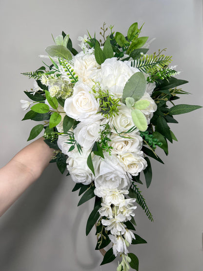 White Cascading Bouquet, Wedding Bridal Cascade Bouquet, Bridesmaids Ivory Rose Classic Flowers