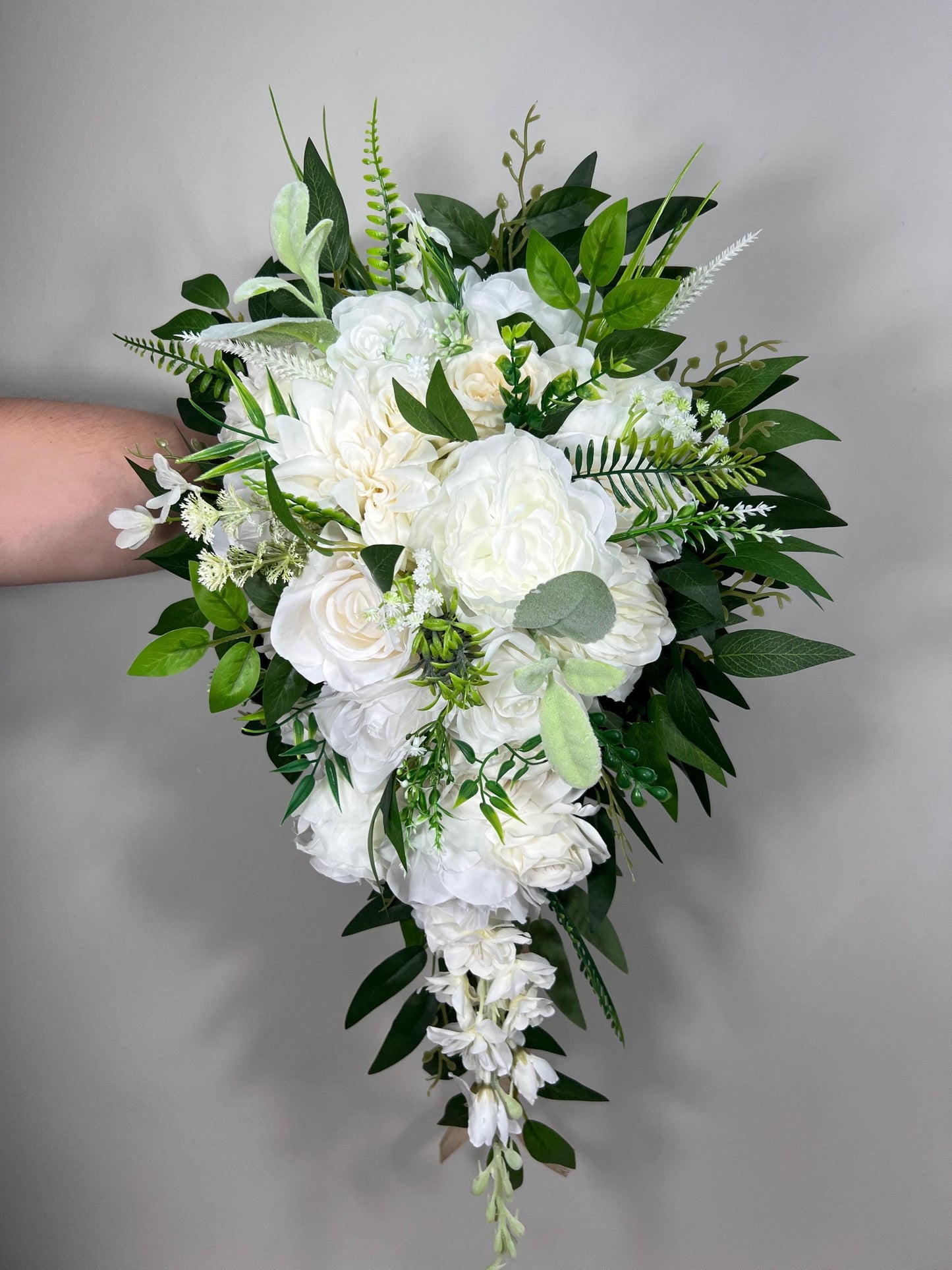 White Cascading Bouquet, Wedding Bridal Cascade Bouquet, Bridesmaids Ivory Rose Classic Flowers