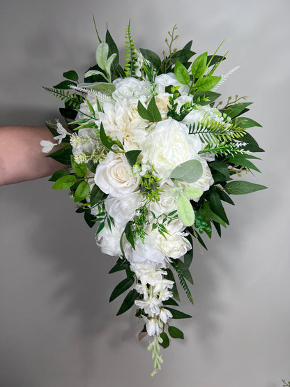 White Cascading Bouquet, Wedding Bridal Cascade Bouquet, Bridesmaids Ivory Rose Classic Flowers