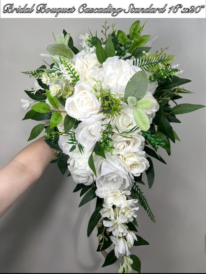 White Cascading Bouquet, Wedding Bridal Cascade Bouquet, Bridesmaids Ivory Rose Classic Flowers