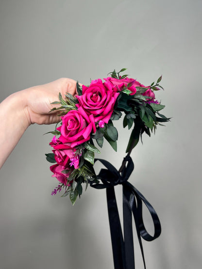 Hot Pink Flower Crown, Fuchsia Bridal Headpiece, Pink Rose Flower Crown, Wedding Hair Wreath, Magenta Floral Crown Artificial Reddit