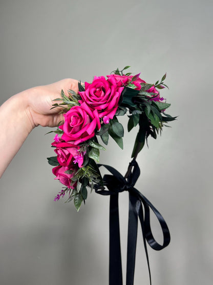 Hot Pink Flower Crown, Fuchsia Bridal Headpiece, Pink Rose Flower Crown, Wedding Hair Wreath, Magenta Floral Crown Artificial Reddit