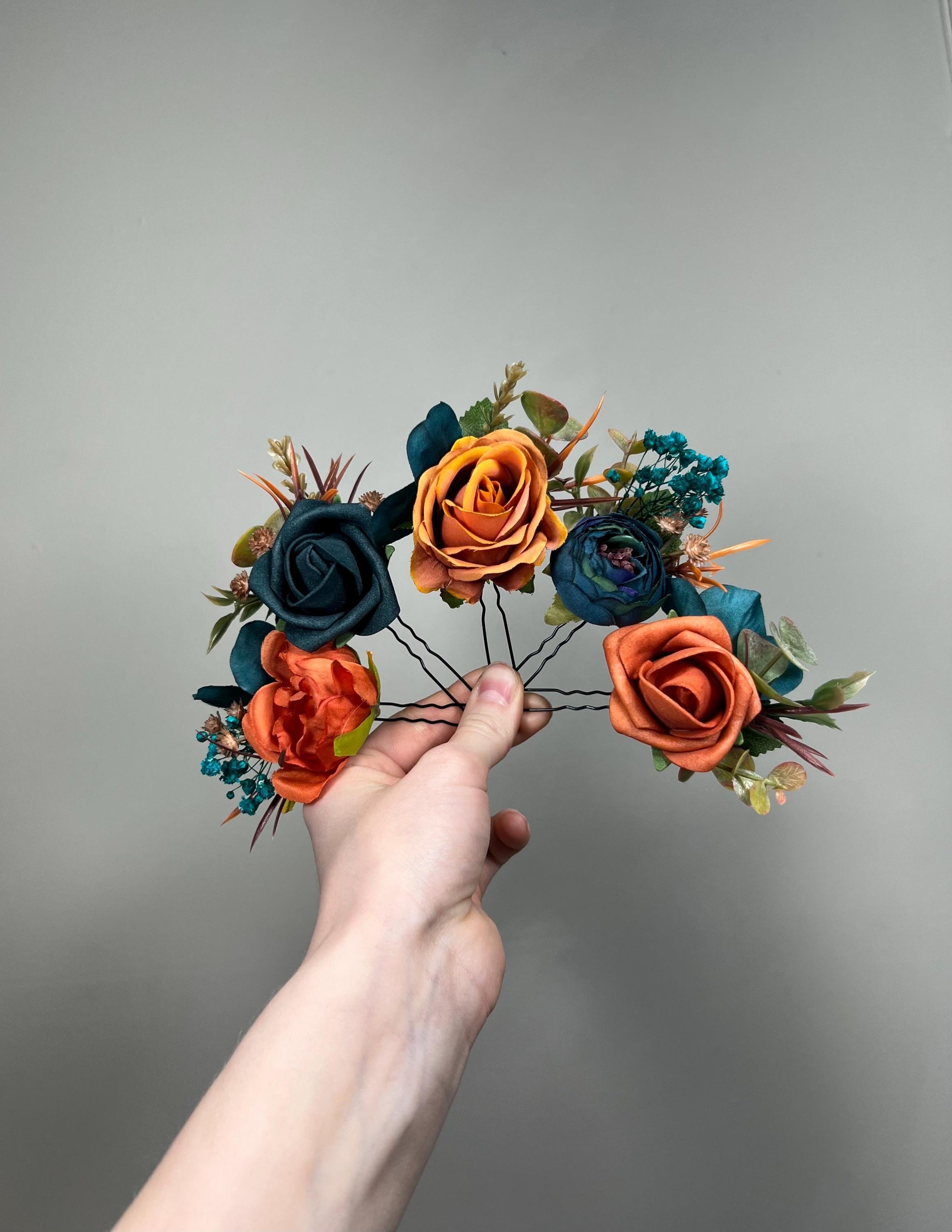 Burnt Orange Teal Hair Pin, Rustic Wedding Hair Accessories, Bridal Floral Dark Teal Terracotta Hair Pins, Bridesmaid Hairpiece Teal Blue