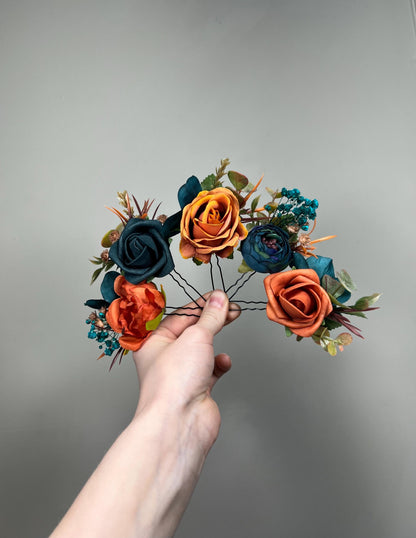 Burnt Orange Teal Hair Pin, Rustic Wedding Hair Accessories, Bridal Floral Dark Teal Terracotta Hair Pins, Bridesmaid Hairpiece Teal Blue