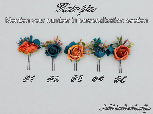 Burnt Orange Teal Hair Pin, Rustic Wedding Hair Accessories, Bridal Floral Dark Teal Terracotta Hair Pins, Bridesmaid Hairpiece Teal Blue