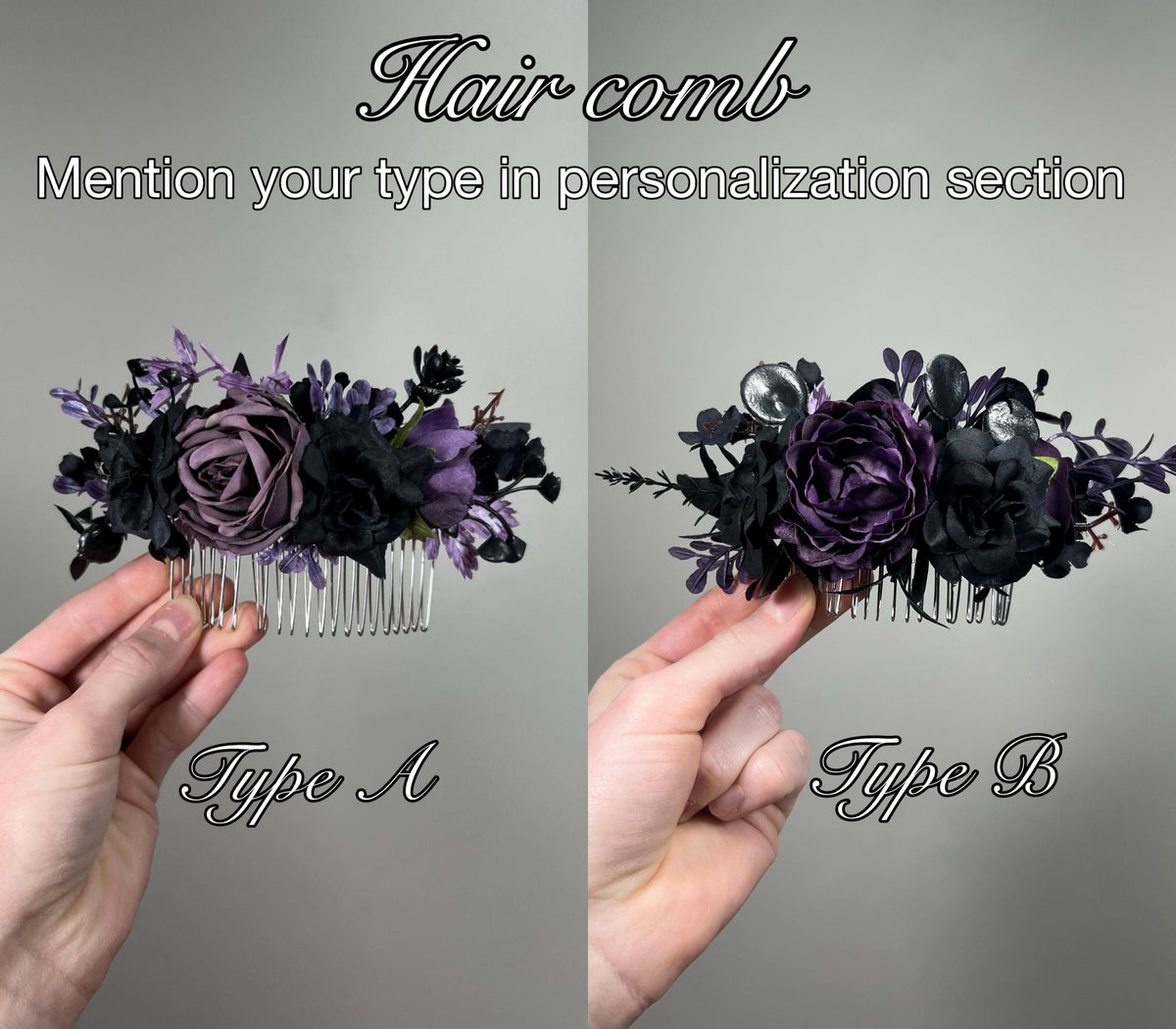 Black Purple Hair Comb, Gothic Bridal Hair Piece, Dark Plum Wedding Hair Accessory, Floral Hair Comb, Elegant Gothic Wedding Headpiece