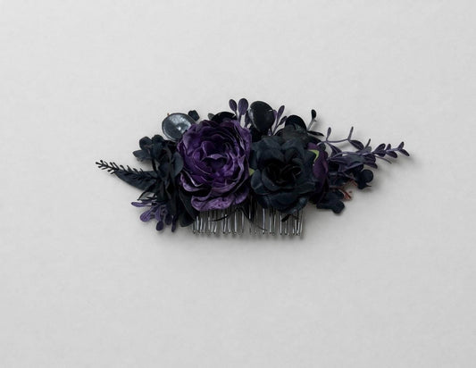 Black Purple Hair Comb, Gothic Bridal Hair Piece, Dark Plum Wedding Hair Accessory, Floral Hair Comb, Elegant Gothic Wedding Headpiece