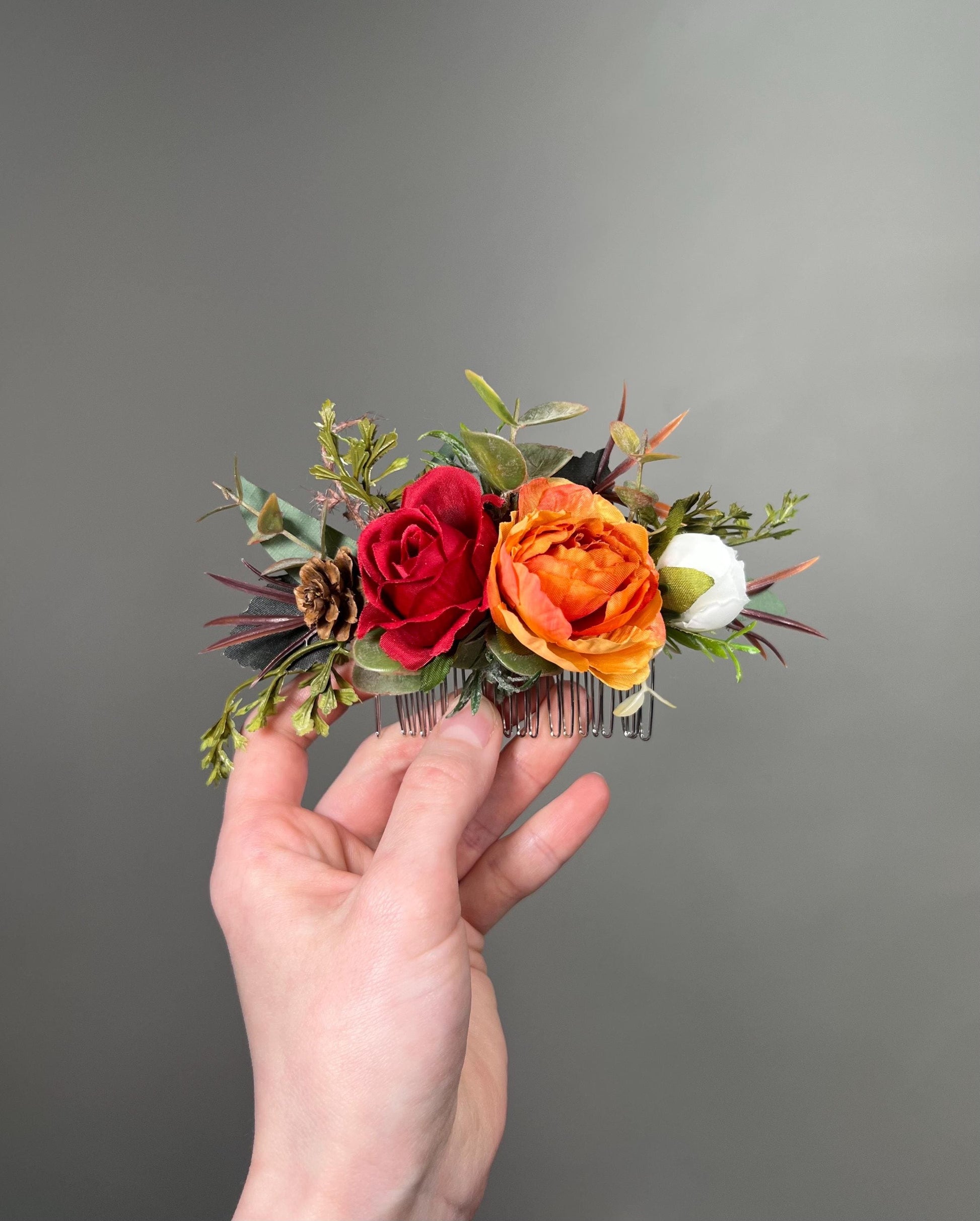 Orange Red Hair Comb, Wedding Bridal Hair Accessories, Fall Burnt Orange Terracotta Hair Flower Comb