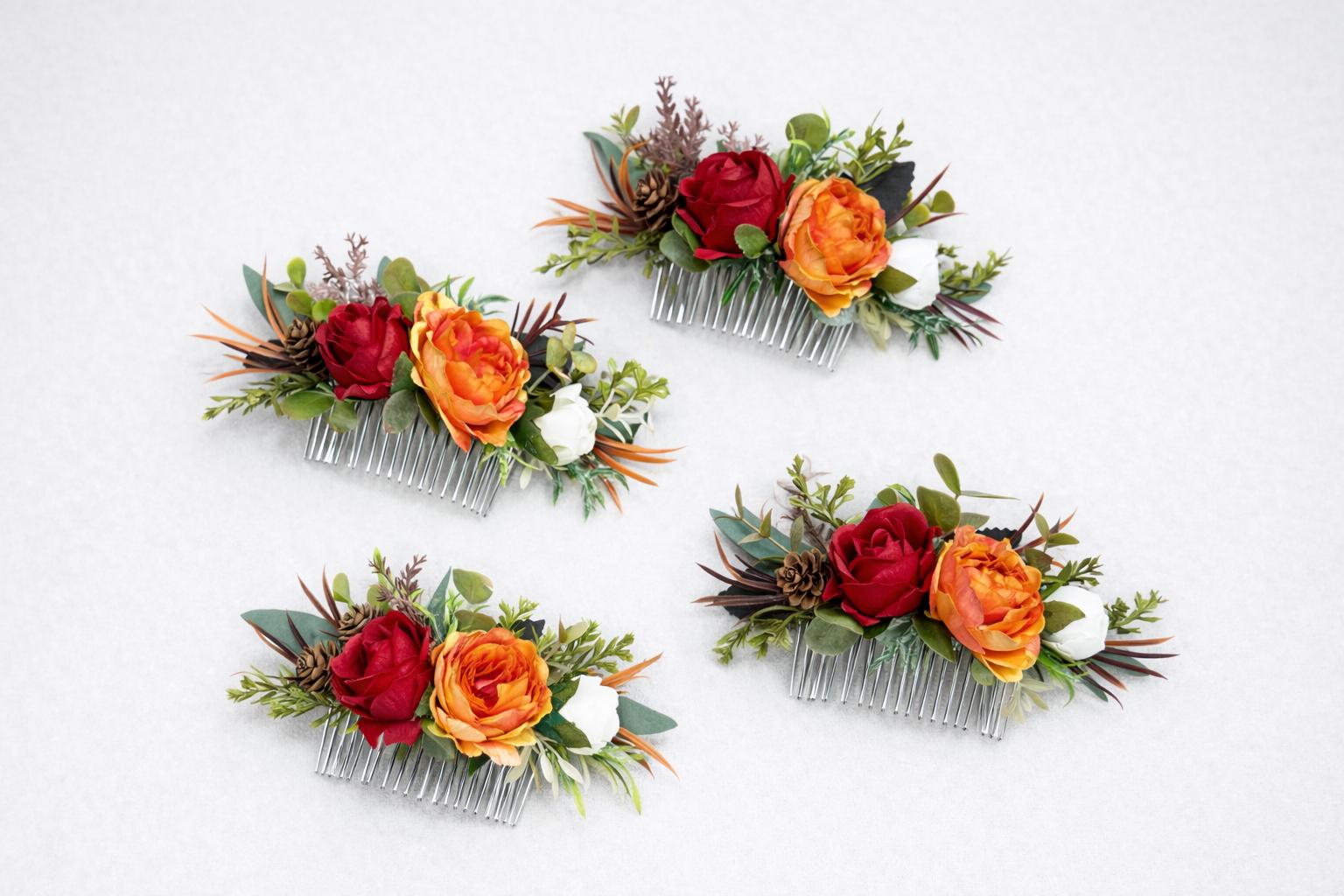 Orange Red Hair Comb, Wedding Bridal Hair Accessories, Fall Burnt Orange Terracotta Hair Flower Comb