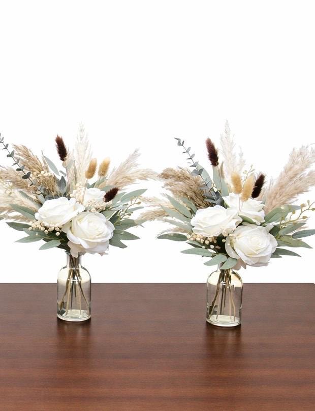 White Wedding Centerpiece, Boho White Rose Table Centerpiece for Bud Vase, Pampas Grass Reception Table Flowers, Natural Eucalyptus Greenery