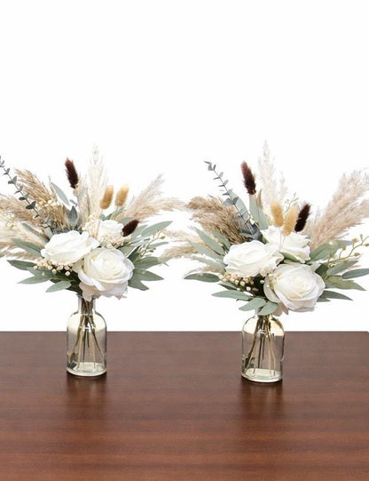 White Wedding Centerpiece, Boho White Rose Table Centerpiece for Bud Vase, Pampas Grass Reception Table Flowers, Natural Eucalyptus Greenery