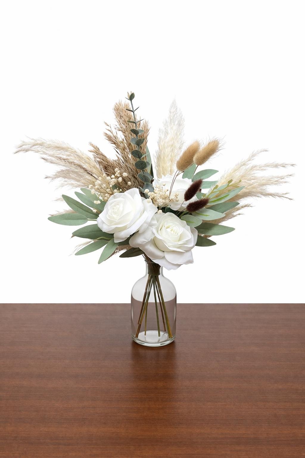 White Wedding Centerpiece, Boho White Rose Table Centerpiece for Bud Vase, Pampas Grass Reception Table Flowers, Natural Eucalyptus Greenery