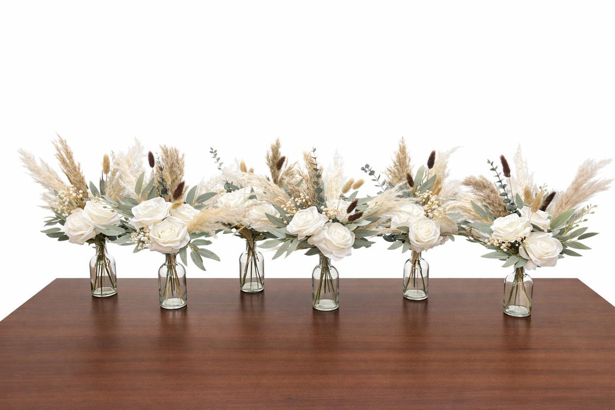 White Wedding Centerpiece, Boho White Rose Table Centerpiece for Bud Vase, Pampas Grass Reception Table Flowers, Natural Eucalyptus Greenery