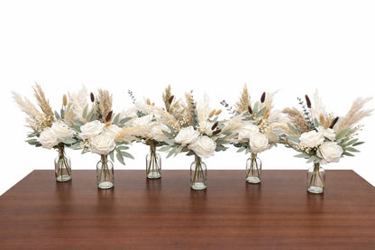 White Wedding Centerpiece, Boho White Rose Table Centerpiece for Bud Vase, Pampas Grass Reception Table Flowers, Natural Eucalyptus Greenery
