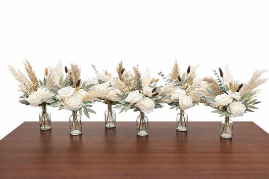 White Wedding Centerpiece, Boho White Rose Table Centerpiece for Bud Vase, Pampas Grass Reception Table Flowers, Natural Eucalyptus Greenery