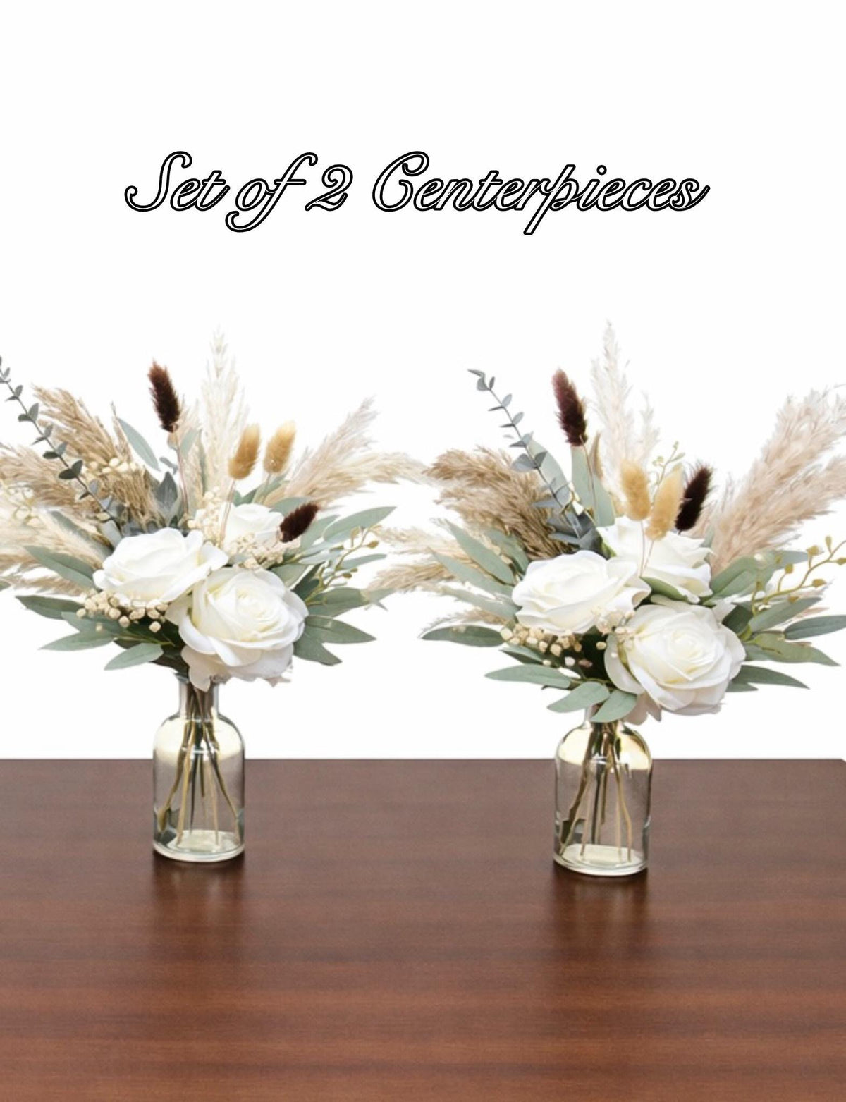 White Wedding Centerpiece, Boho White Rose Table Centerpiece for Bud Vase, Pampas Grass Reception Table Flowers, Natural Eucalyptus Greenery