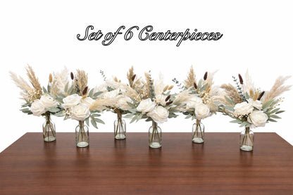 White Wedding Centerpiece, Boho White Rose Table Centerpiece for Bud Vase, Pampas Grass Reception Table Flowers, Natural Eucalyptus Greenery