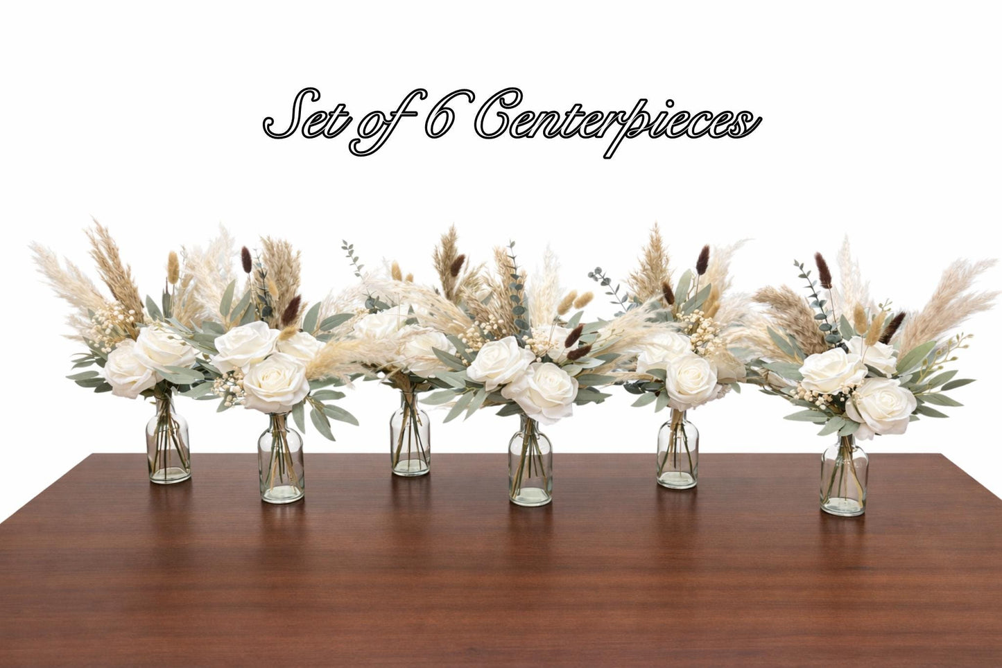White Wedding Centerpiece, Boho White Rose Table Centerpiece for Bud Vase, Pampas Grass Reception Table Flowers, Natural Eucalyptus Greenery