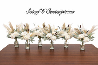 White Wedding Centerpiece, Boho White Rose Table Centerpiece for Bud Vase, Pampas Grass Reception Table Flowers, Natural Eucalyptus Greenery