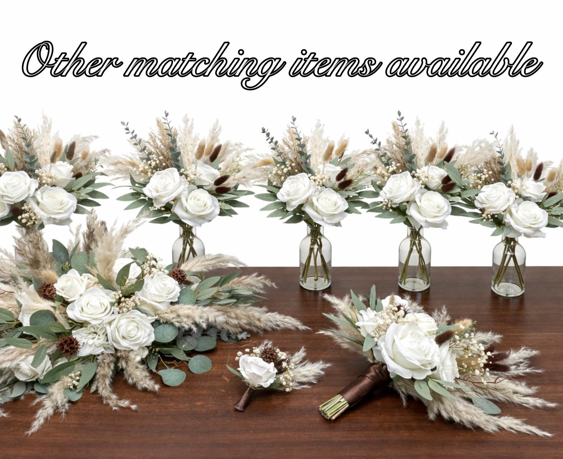 White Wedding Centerpiece, Boho White Rose Table Centerpiece for Bud Vase, Pampas Grass Reception Table Flowers, Natural Eucalyptus Greenery