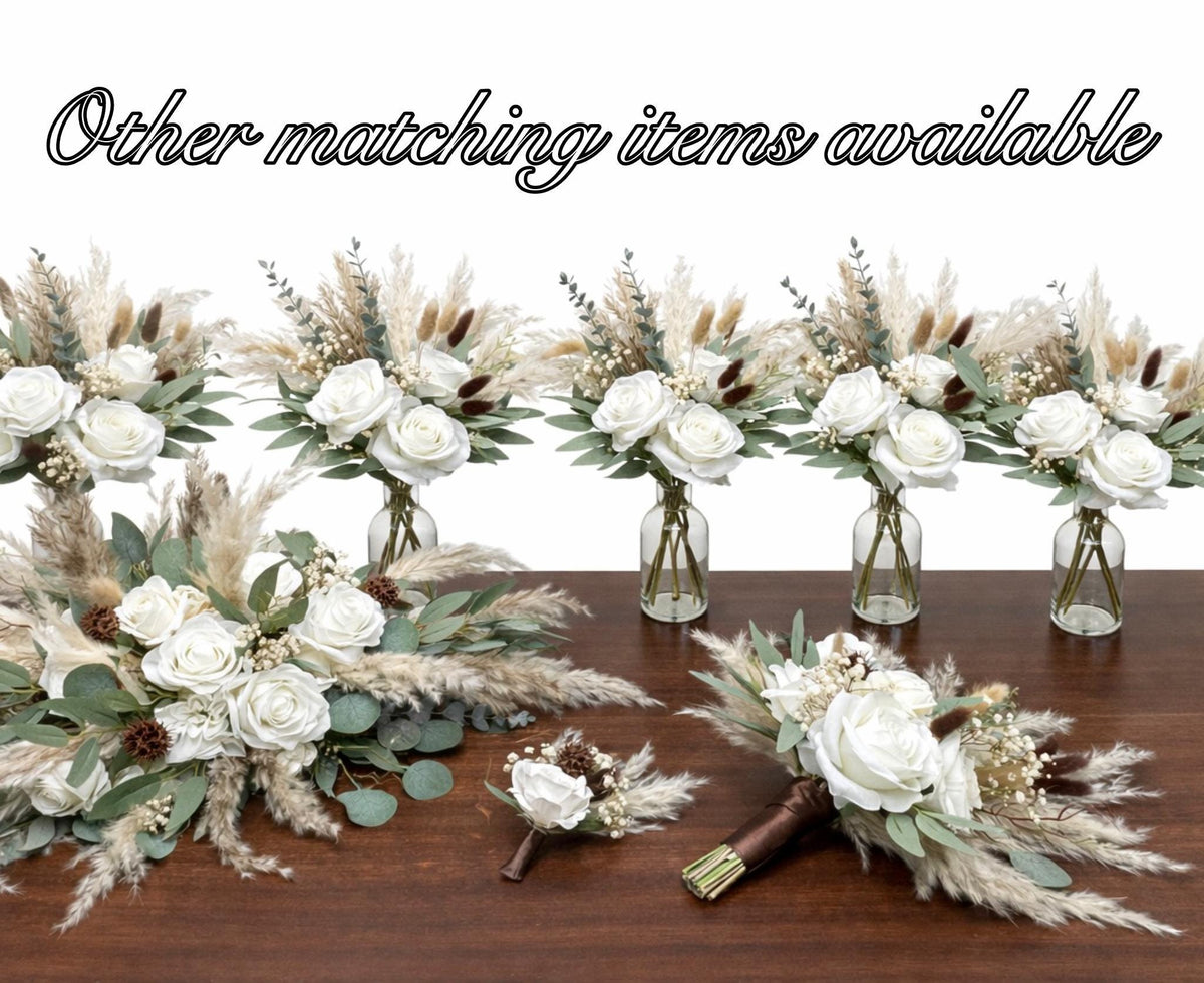 White Wedding Centerpiece, Boho White Rose Table Centerpiece for Bud Vase, Pampas Grass Reception Table Flowers, Natural Eucalyptus Greenery