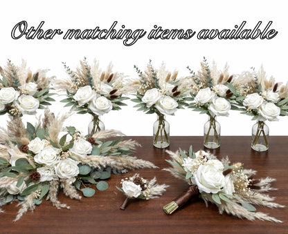 White Wedding Centerpiece, Boho White Rose Table Centerpiece for Bud Vase, Pampas Grass Reception Table Flowers, Natural Eucalyptus Greenery