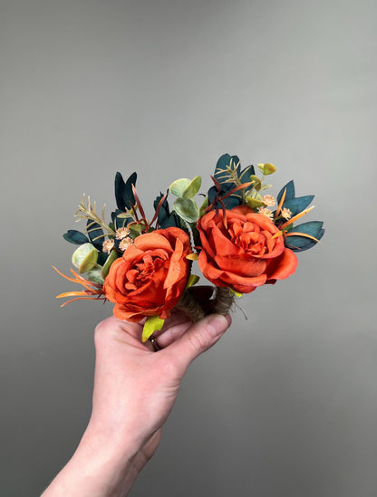 Burnt Orange Boutonnière, Wedding Groom Terracotta Teal Blue Flower, Groomsmen Rust Dark Teal Buttonhole, Lapel Men Flower